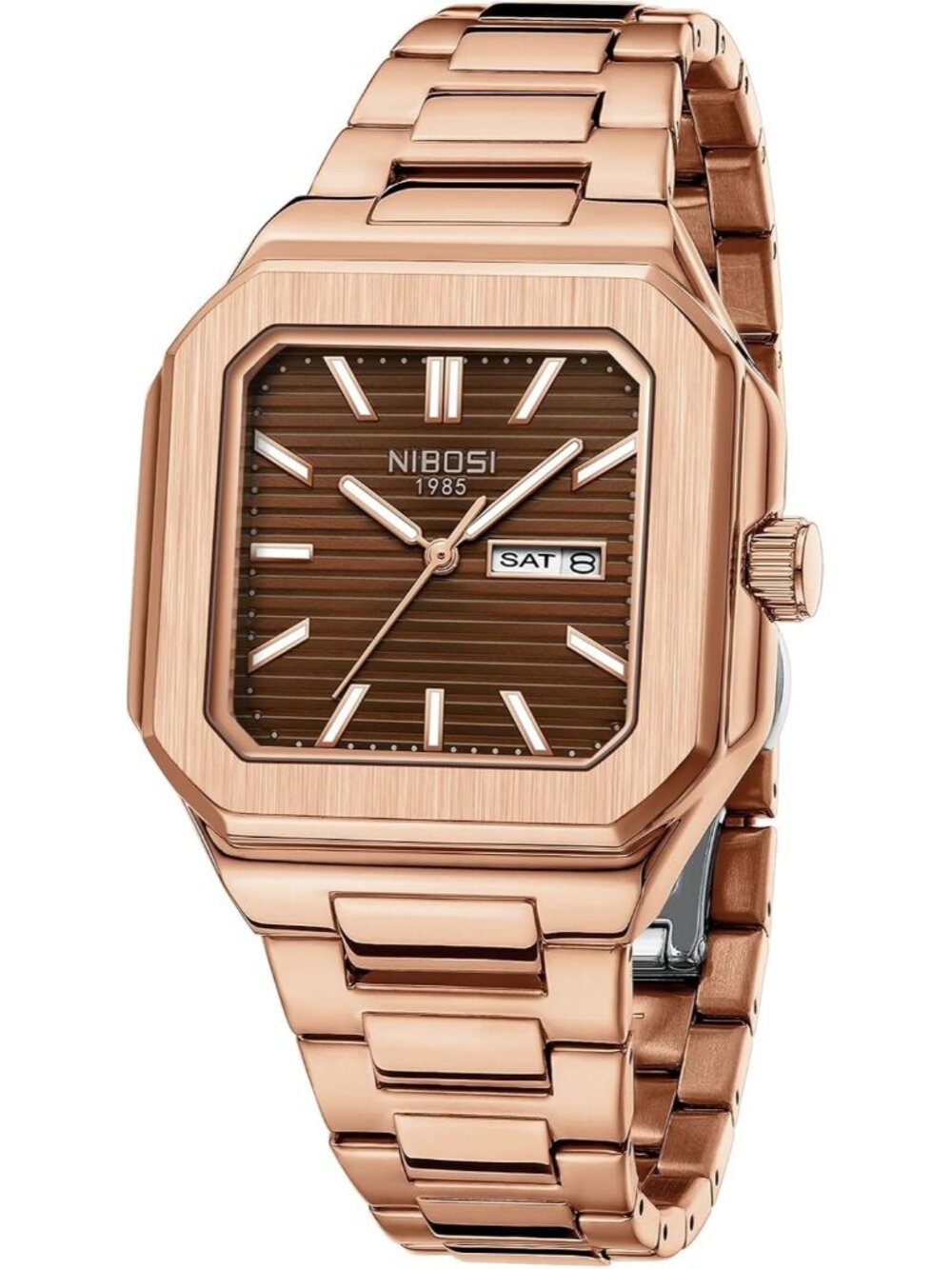 Nibosi Men's Rose Brown Analog Quartz Stainless Steel Waterproof Square Watch